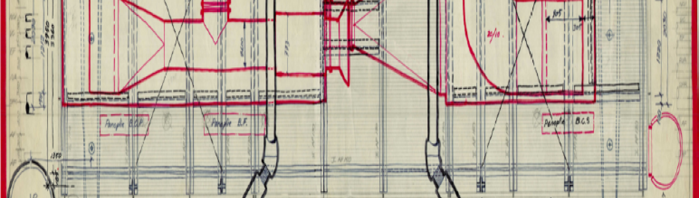 Piano+Rogers Architects (Shunji Ishida). Centre Beaubourg, aujourd’hui Centre Pompidou, projet définitif, plan de la centrale pour cinémathèque, s.d. [1974]. Rapidograph, feutre et crayon sur calque. Archives du Centre Pompidou, fonds des plans de la construction du plateau Beaubourg, Paris © Renzo Piano, Richard Rogers (avec l’aimable autorisation de la Fondazione Renzo Piano et Ruth Rogers)