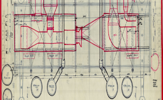Piano+Rogers Architects (Shunji Ishida). Centre Beaubourg, aujourd’hui Centre Pompidou, projet définitif, plan de la centrale pour cinémathèque, s.d. [1974]. Rapidograph, feutre et crayon sur calque. Archives du Centre Pompidou, fonds des plans de la construction du plateau Beaubourg, Paris © Renzo Piano, Richard Rogers (avec l’aimable autorisation de la Fondazione Renzo Piano et Ruth Rogers)